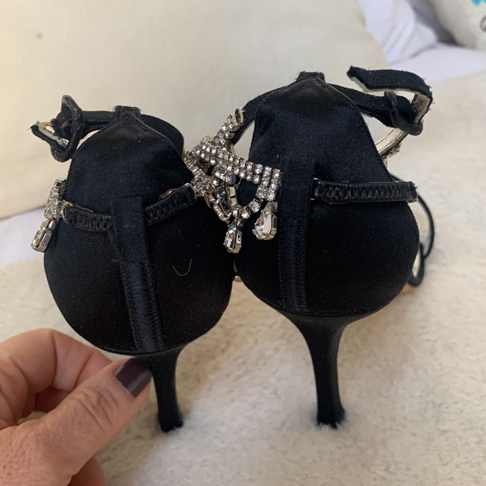 Black Satin Luxurious 4 inch Sandals with Crystal ankle bracelets. - Picture 5 of 6